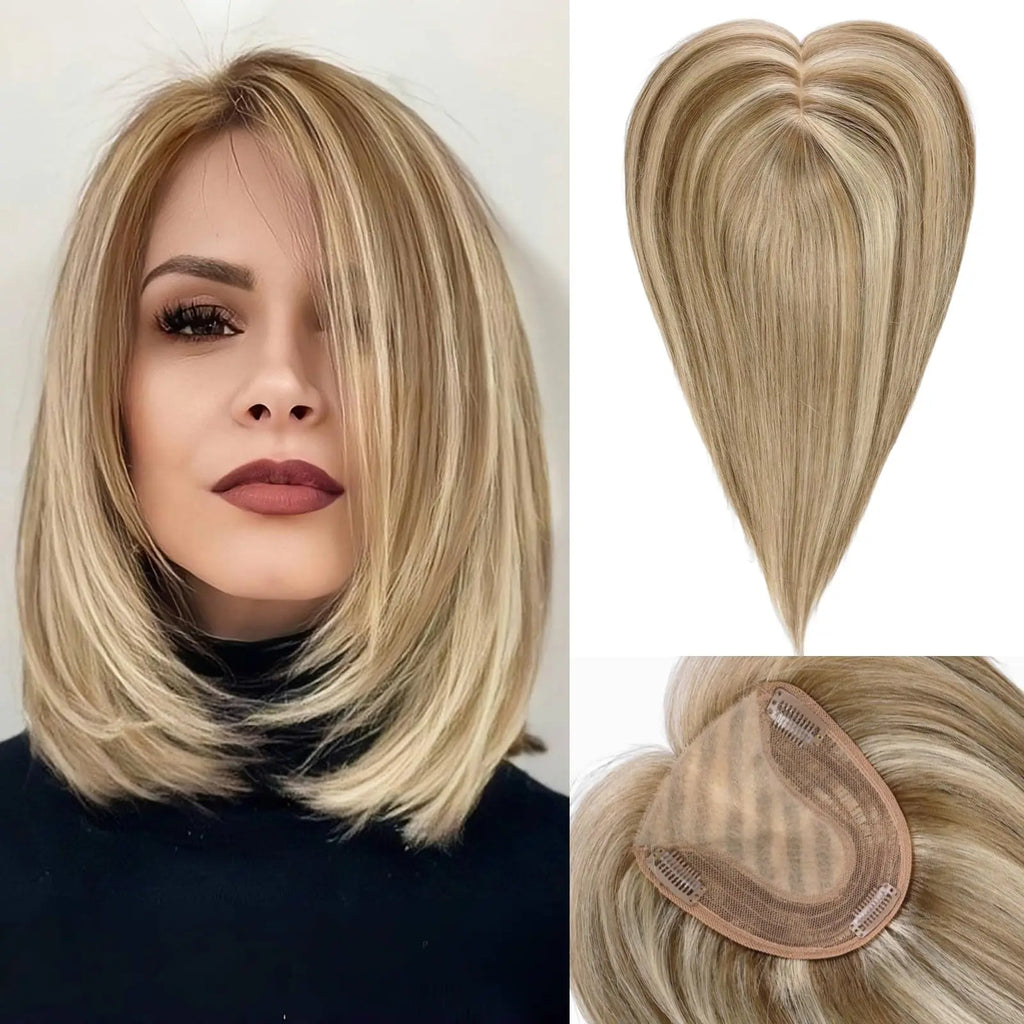 14” Natural Hair Topper with Silk Base – Dark Root Blonde
