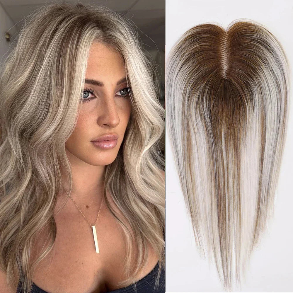 Ash Gray Brown Remy Human Hair Topper – 12 Inch