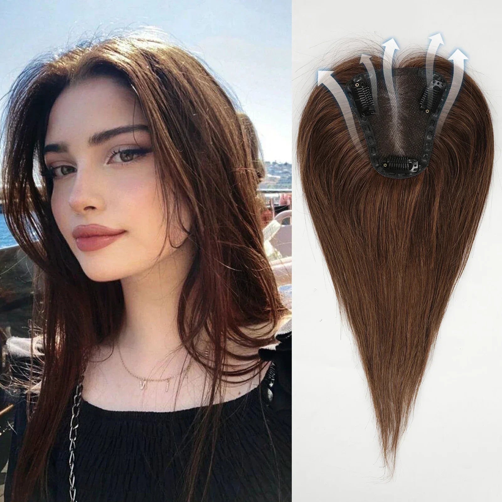 Ash Gray Brown Remy Human Hair Topper – 12 Inch