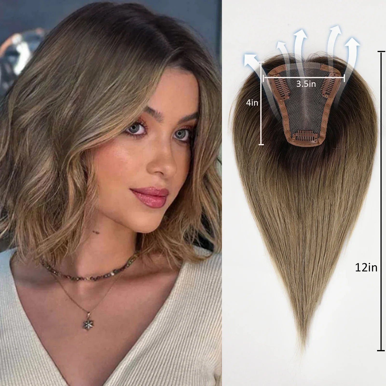 Ash Gray Brown Remy Human Hair Topper – 12 Inch