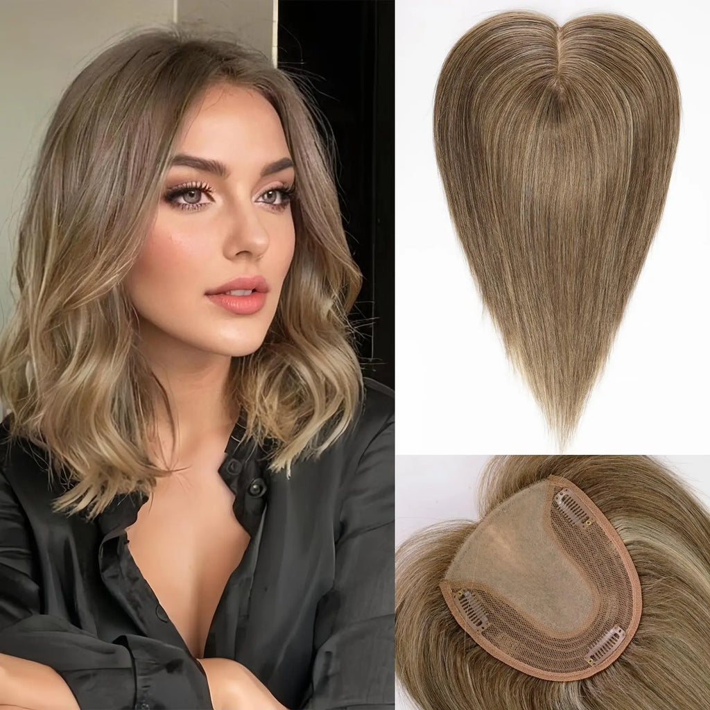 14” Natural Hair Topper with Silk Base – Dark Root Blonde